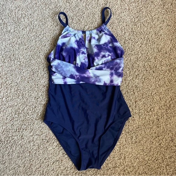Blue Tie Dye High Neck Wrap One Piece Swimsuit - Picture 1 of 8